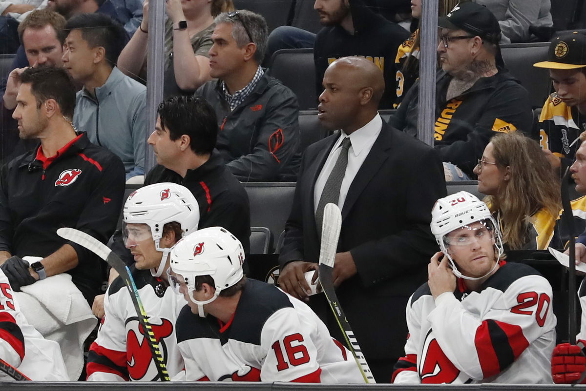 BOSTON, MA - SEPTEMBER 25: New Jersey Devils assistant coach Mike Grier during a preseason game between the Boston Bruins and the New Jersey Devils on September 25, 2019, at TD Garden in Boston, Massachusetts. (Photo by Fred Kfoury III/Icon Sportswire via Getty Images)