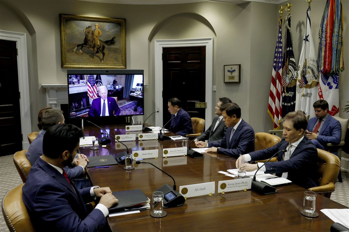 <i>Anna Moneymaker/Getty Images</i><br/>U.S President Joe Biden participates virtually in a meeting with members of the SK Group in the White House on July 26.