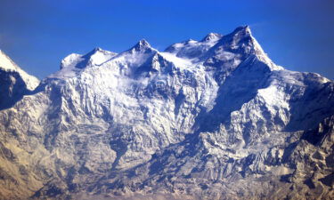 An aerial view of snow-capped Himalayan peaks in Nepal on April 19