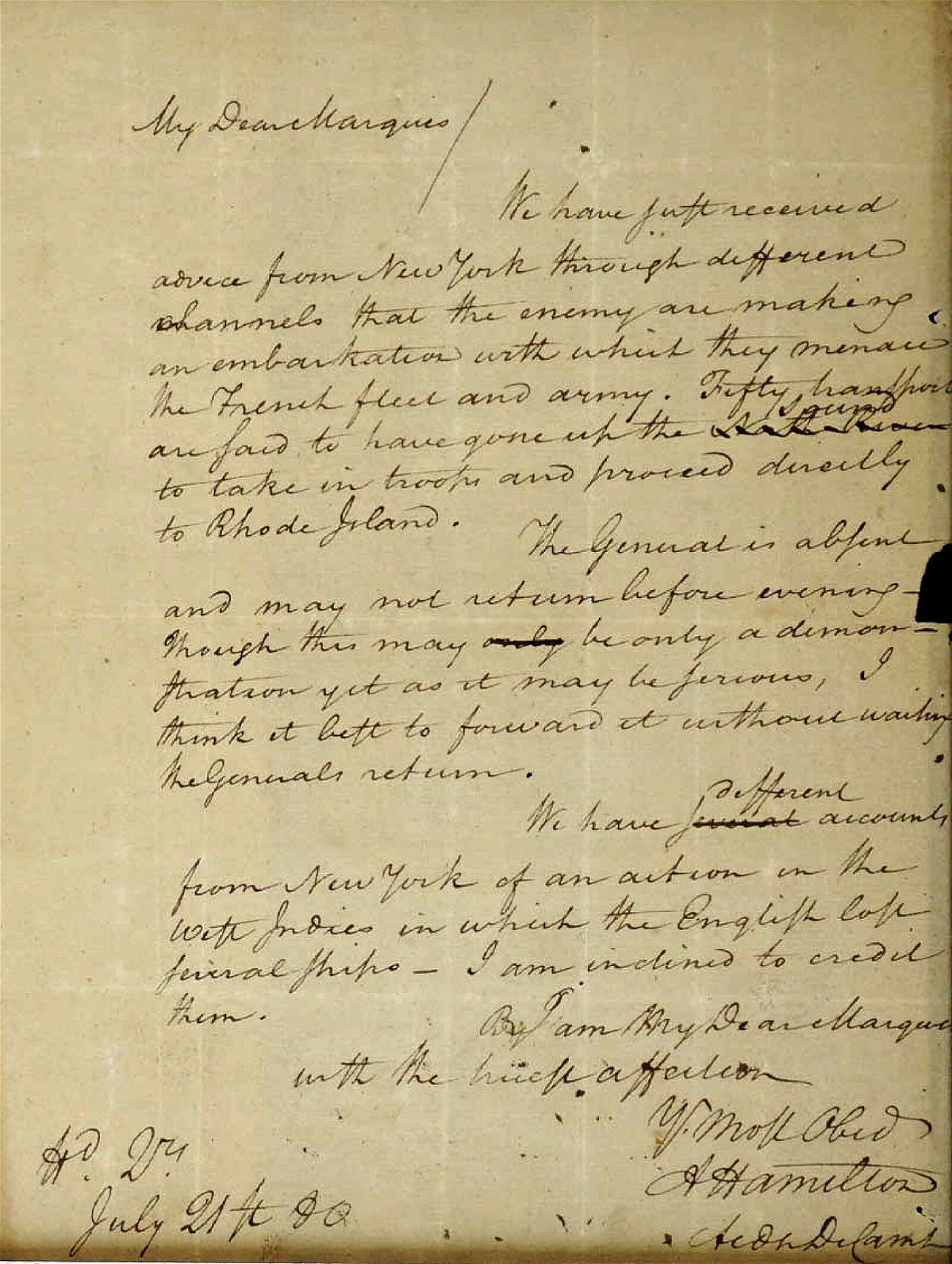 <i>US Attorney's Office via AP</i><br/>A 1780 letter from Alexander Hamilton to the Marquis de Lafayette
