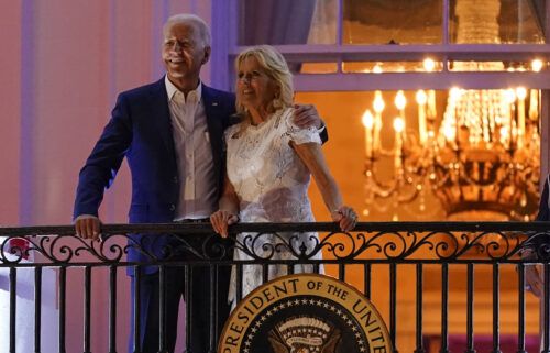 President Joe Biden and first lady Jill Biden view fireworks during an Independence Day celebration on the South Lawn of the White House