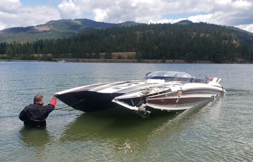 The boat is taken from the Pend Oreille River after it capsized.