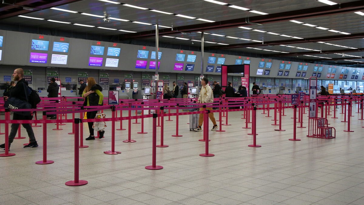 <i>Dinendra Haria/SOPA Images/LightRocket/Getty Images</i><br/>Empty check-in desks at London Luton Airport.