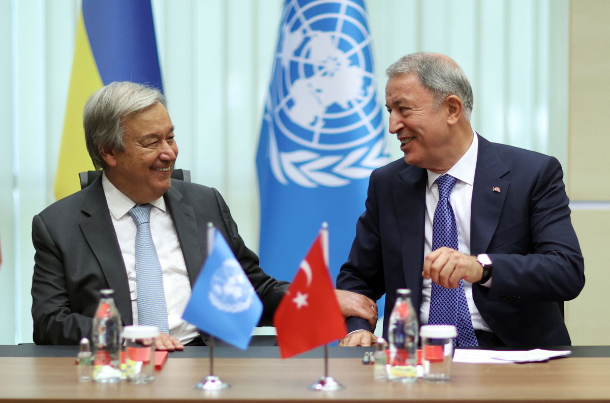 <i>Arif Akdogan/Anadolu Agency/Getty Images</i><br/>Turkish Defense Minister Hulusi Akar (R) and United Nations Secretary-General Antonio Guterres (L) held a joint press conference on Saturday.