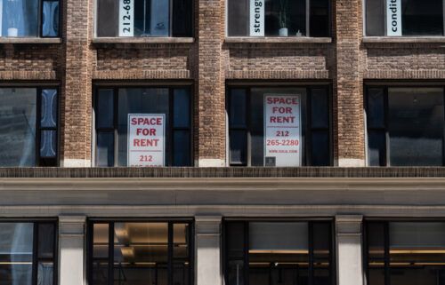 A building with "Space For Rent" signs on Lexington Avenue in New York in July.