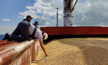 The Joint Coordination Centre officials are seen onboard Sierra Leone-flagged cargo ship Razoni