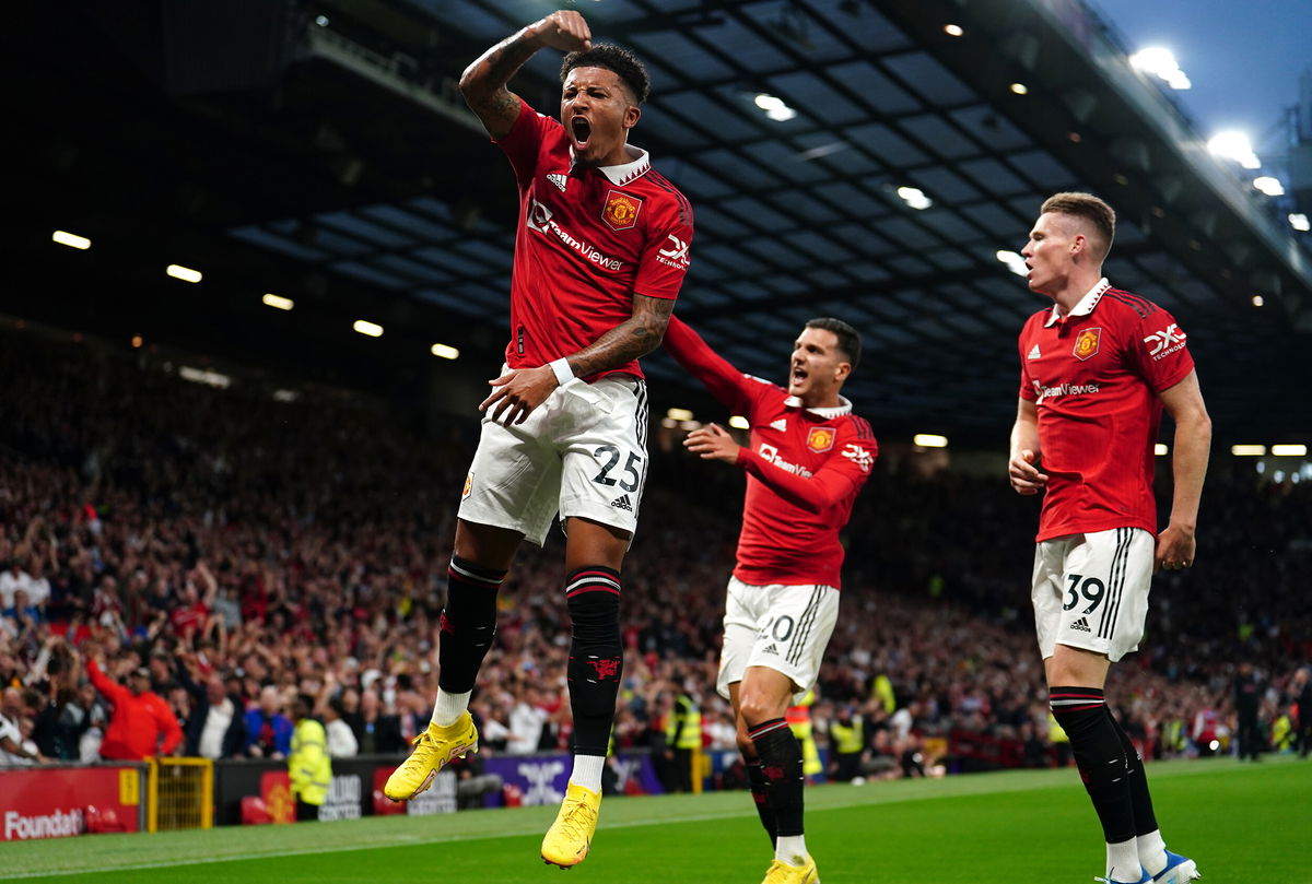 <i>David Davies/PA Images/Getty Images</i><br/>Jadon Sancho celebrates scoring Manchester United's first goal.