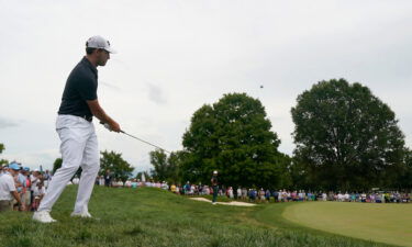 Patrick Cantlay hits toward the eighth green during the final round of the BMW Championship golf tournament at Wilmington Country Club