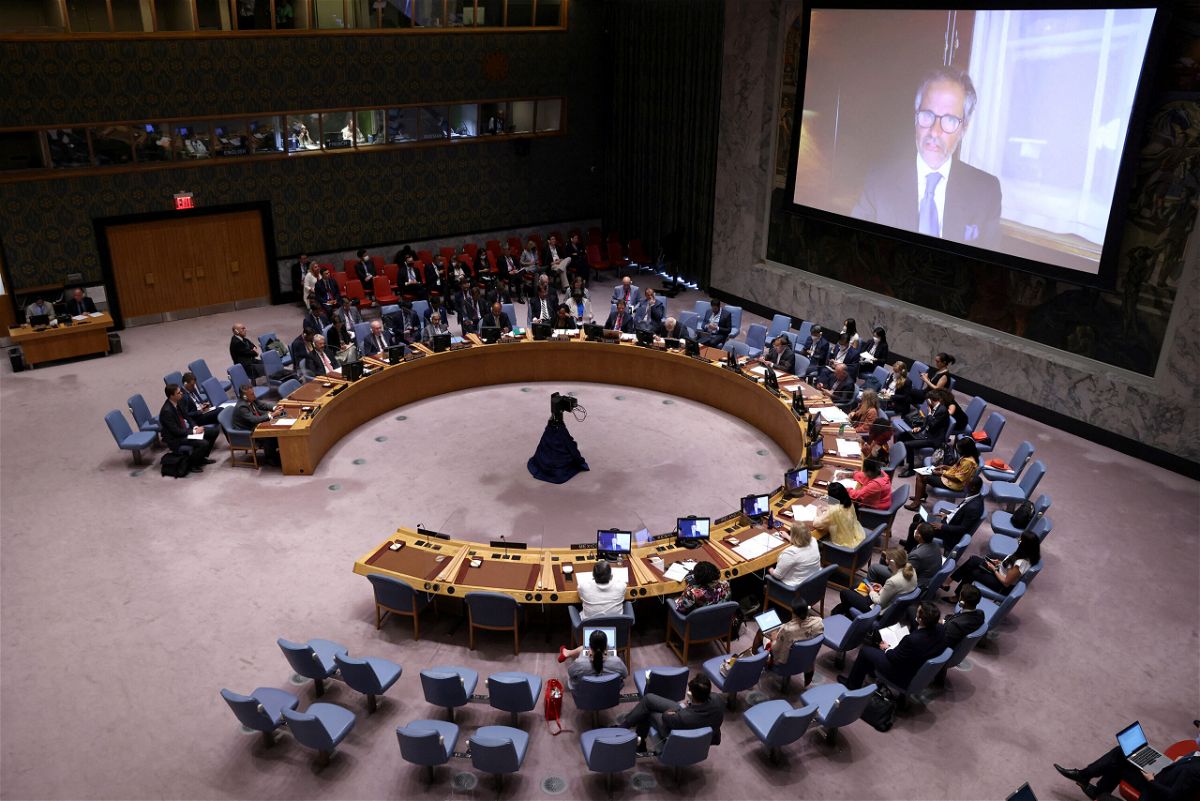 <i>Andrew Kelly/Reuters</i><br/>International Atomic Energy Agency (IAEA) Director General Rafael Grossi delivers remarks during a United Nations Security Council meeting regarding Russia's invasion of Ukraine at the UN Headquarters in New York City on August 11.