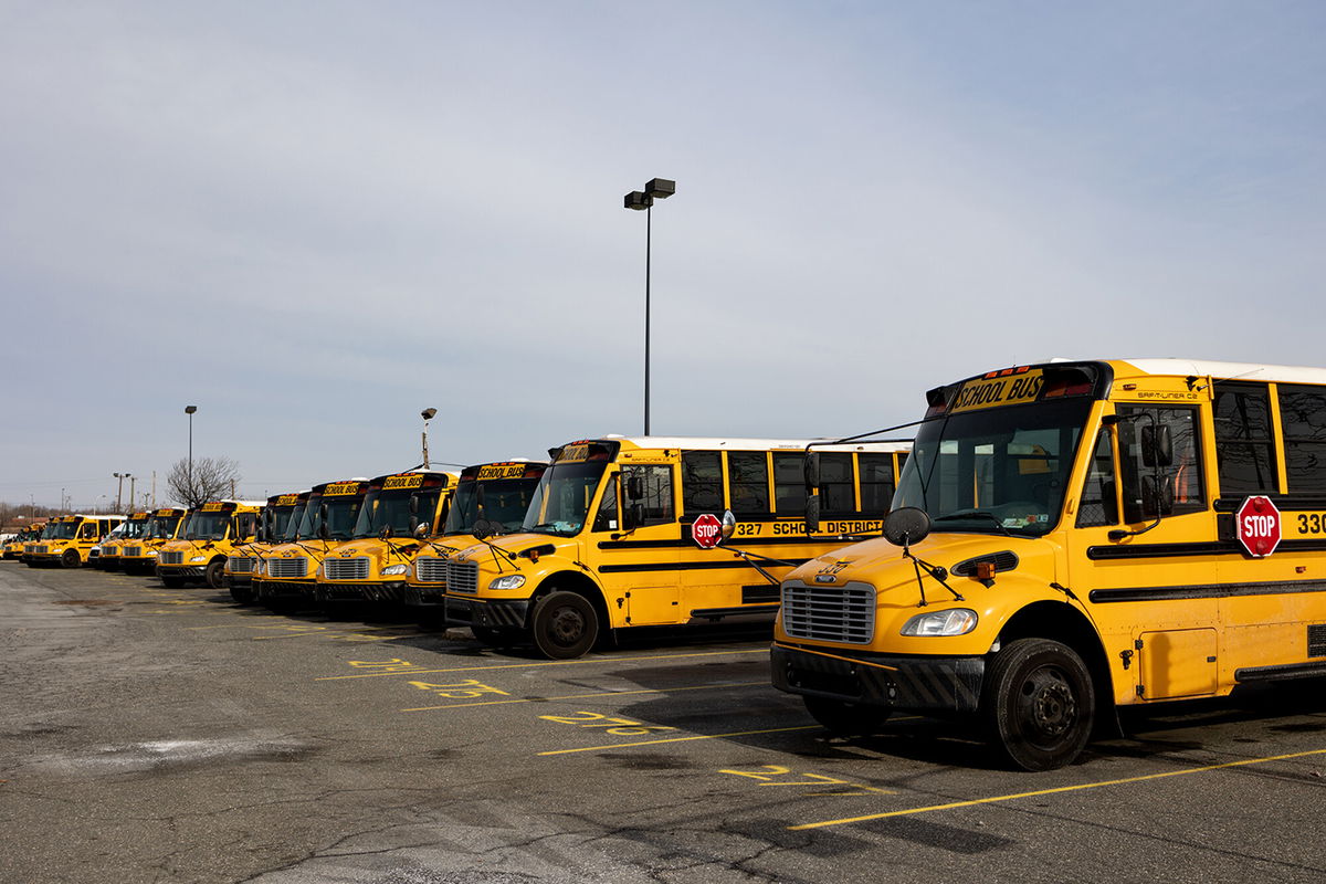 <i>Hannah Beier/Bloomberg/Getty Images</i><br/>School District of Philadelphia buses are seen parked in a lot in Philadelphia on January 6. 2