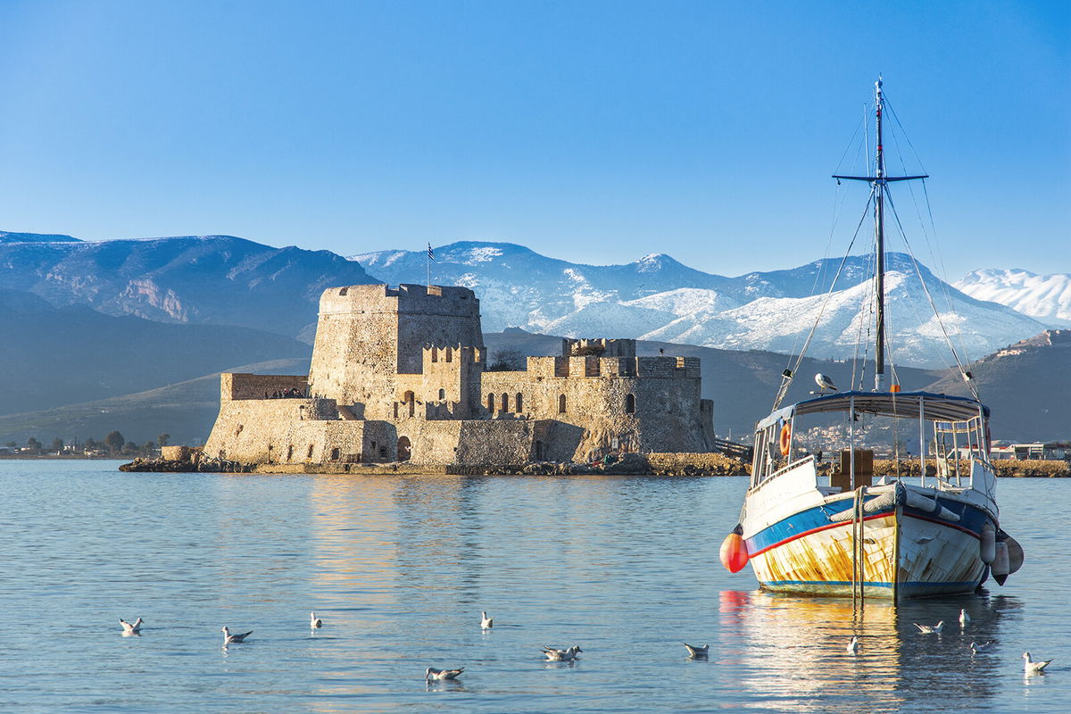 <i>Adobe Stock</i><br/>The Bourtzi water castle is a small island with a fortress at the coast of Nafplio in Greece