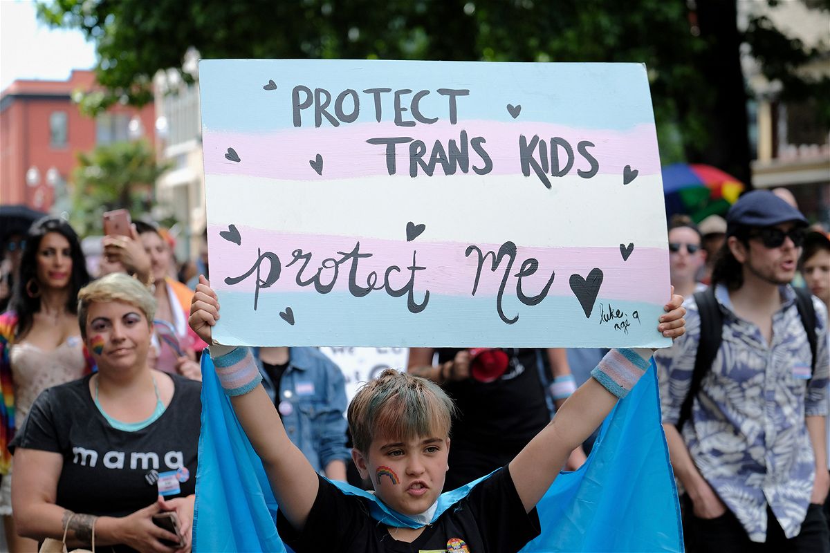 A young child takes part in the Trans Pride March in Portland, Ore., on June 16, 2018, celebrating gender identity. (Photo by Alex Milan Tracy/Sipa USA)(Sipa via AP Images)