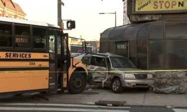 A collision involving a school bus left several people injured including students in West Philadelphia and it was captured on surveillance camera.