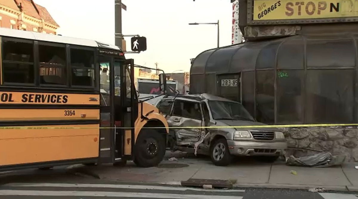 <i>WPVI</i><br/>A collision involving a school bus left several people injured including students in West Philadelphia and it was captured on surveillance camera.