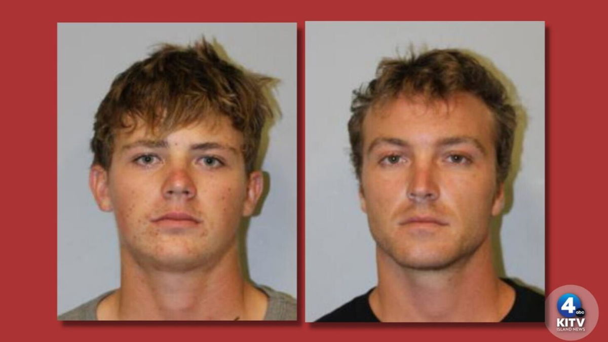 <i>Hawaii Island PD/KITV</i><br/>Cyan Batha (L) and Sailus Gamsey were arrested for alleged drive-by paintball shootings in the Kailua-Kona area.