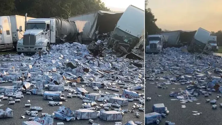 Beer cans and boxes across southbound I-75 lanes in Hernando County. (Provided by FHP)