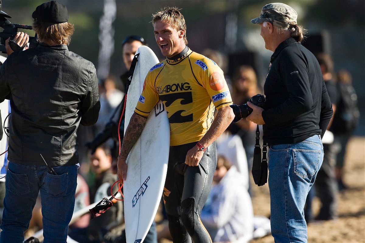 <i>Kelly Cestari/World Surf League/Getty Images</i><br/>Chris Davidson talks to the cameras after winning his Round 3 heat of the Billabong Pro in October of 2009 in Mundaka