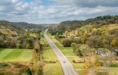 Tennessee Highway 96 as seen from the Double Arch Bridge at Natchez Trace Parkway near the town of Franklin.