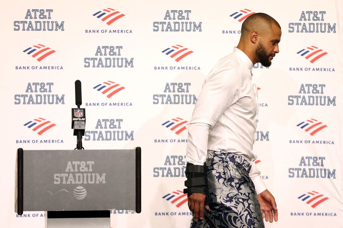 <i>Tom Pennington/Getty Images North America/Getty Images</i><br/>Prescott walks away from the podium during the post-game press conference after losing against the Bucs on September 11.