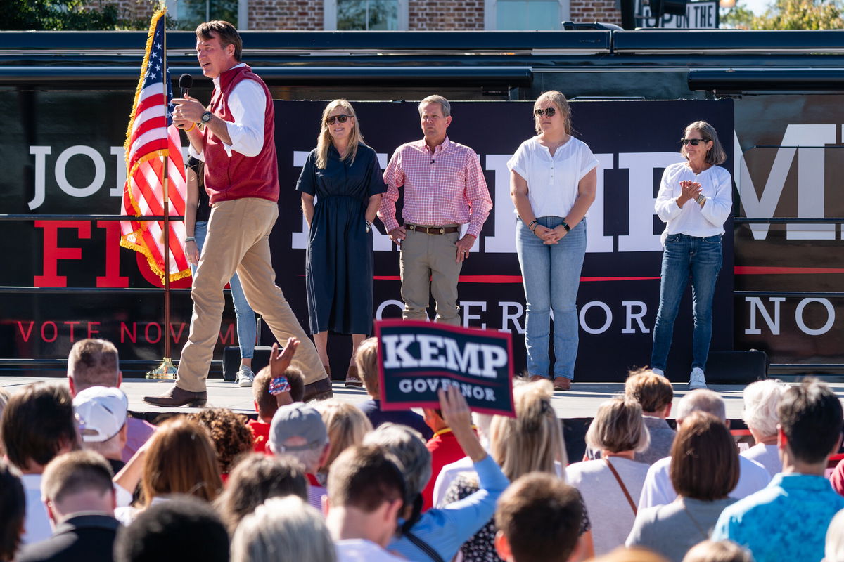 <i>Elijah Nouvelage/Getty Images</i><br/>Virginia Gov. Glenn Youngkin speaks at a campaign event for Georgia Gov. Brian Kemp in Alpharetta