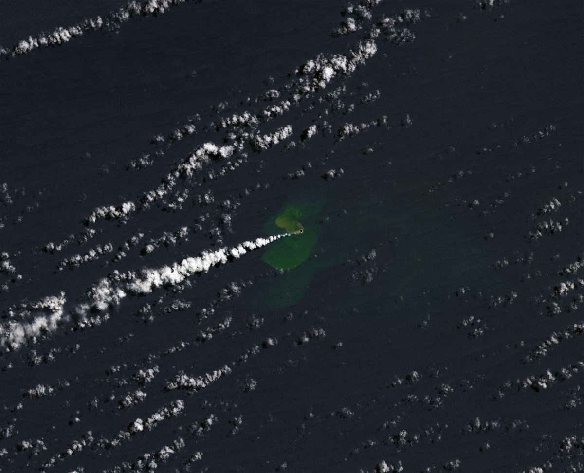 <i>Lauren Dauphin/NASA Earth Observatory</i><br/>The tiny island appeared in central Tongo after an underwater volcano erupted earlier this month.