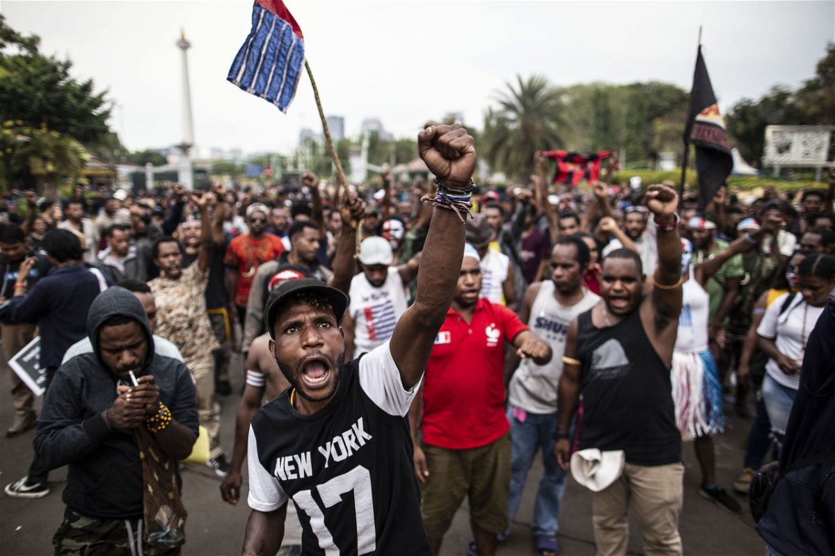 <i>Donal Husni/NurPhoto/Getty Images</i><br/>Hundreds of Papuans demonstrated in front of the Jakarta Palace in 2019.