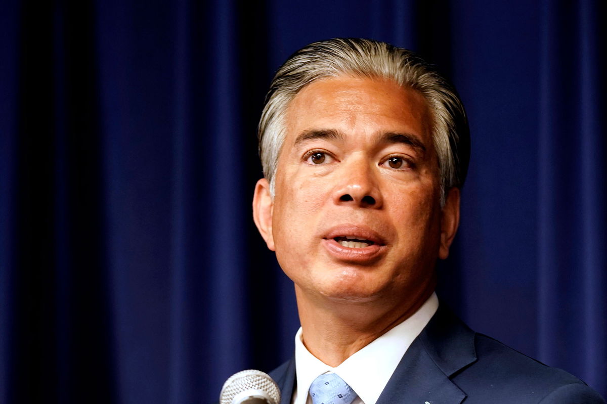 <i>Rich Pedroncelli/AP</i><br/>California Attorney General Rob Bonta talks at a news conference in Sacramento