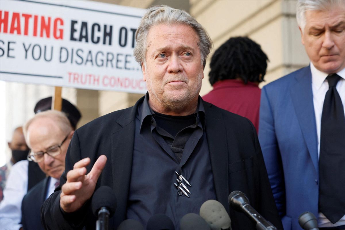 <i>Evelyn Hockstein/Reuters</i><br/>Steve Bannon speaks as he departs after he was found guilty during his trial on contempt of Congress charges on July 22. A federal judge on September 2 denied Steve Bannon's request for a new trial.