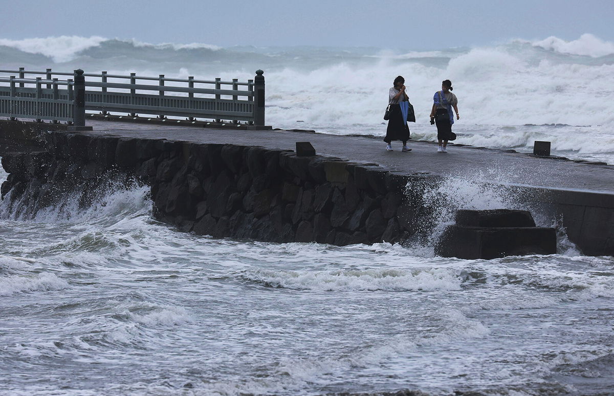 <i>Tosei Kisanuki/AP</i><br/>Waves crash on the shore in Miyazaki City