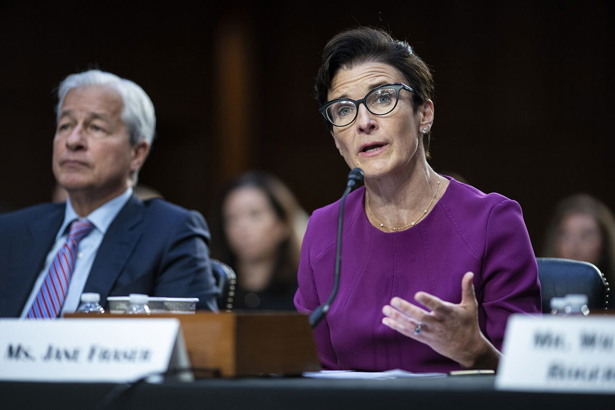 <i>Al Drago/Bloomberg/ Getty Images</i><br/>Citi CEO Jane Fraser (right) is seen here speaking beside JPMorgan CEO Jamie Dimon during a Senate committee hearing in Washington