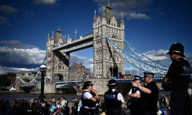 Members of the public stand in the queue near Tower Bridge