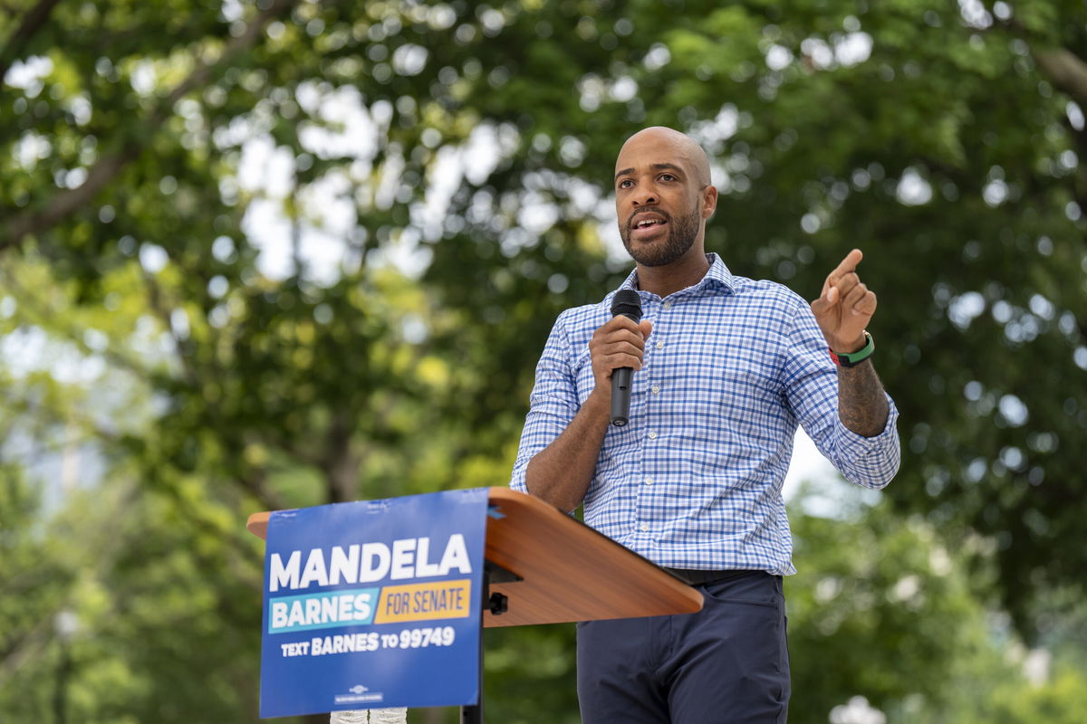 <i>Sara StathasThe Washington Post/Getty Images</i><br/>Wisconsin Democratic Senate candidate Mandela Barnes speaks at a rally in Madison on July 23.