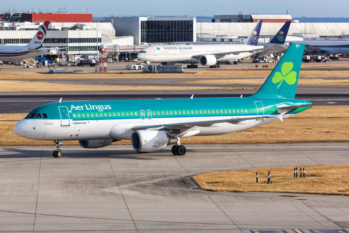 <i>Adobe Stock</i><br/>Pictured is an Aer Lingus Airbus A320 airplane at London Heathrow Airport on August 1