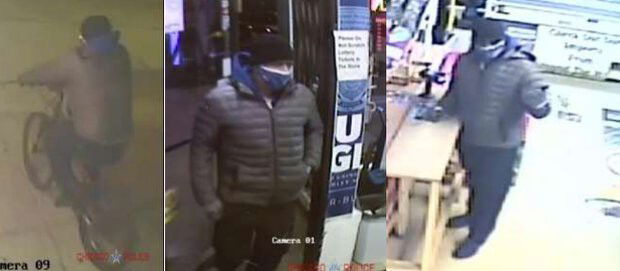 <i>Chicago Police/WBBM</i><br/>A liquor store owner was shot and killed during an armed robbery attempt Monday night in the West Ridge neighborhood. Surveillance video shows the man suspected of the deadly shooting riding up to the store on a bike.