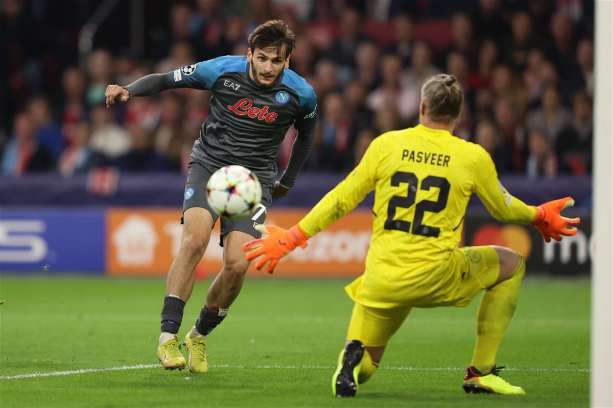 <i>Dean Mouhtaropoulos/Getty Images Europe/Getty Images</i><br/>Khvicha Kvaratskhelia scored Napoli's fifth goal against Ajax.