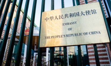 This picture taken in March 2021 shows the entrance of the China embassy in the Netherlands.  The Dutch foreign ministry is "investigating" reports that China has set up two purportedly illegal police stations in the Netherlands.