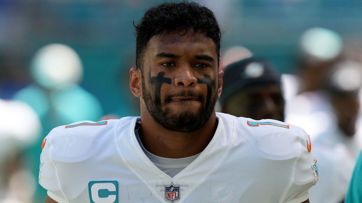 <i>Eric Espada/Getty Images</i><br/>Quarterback Tua Tagovailoa #1 of the Miami Dolphins warms up before the game against the Buffalo Bills at Hard Rock Stadium on September 25