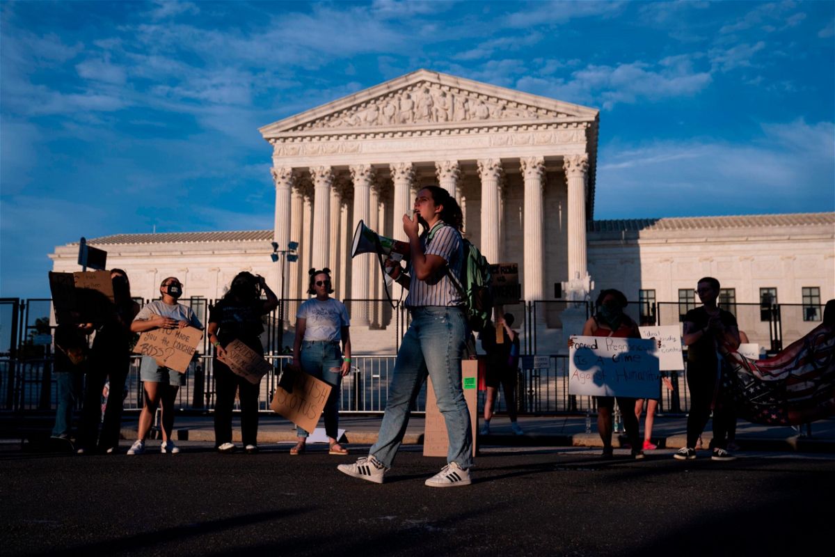 <i>Sarah Silbiger/CNN</i><br/>Abortion rights activists participate in an impromptu demonstration outside of the the U.S. Supreme Court in Washington