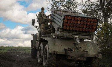 A rocket launcher is seen at a position along the front line in Donetsk region on October 3.