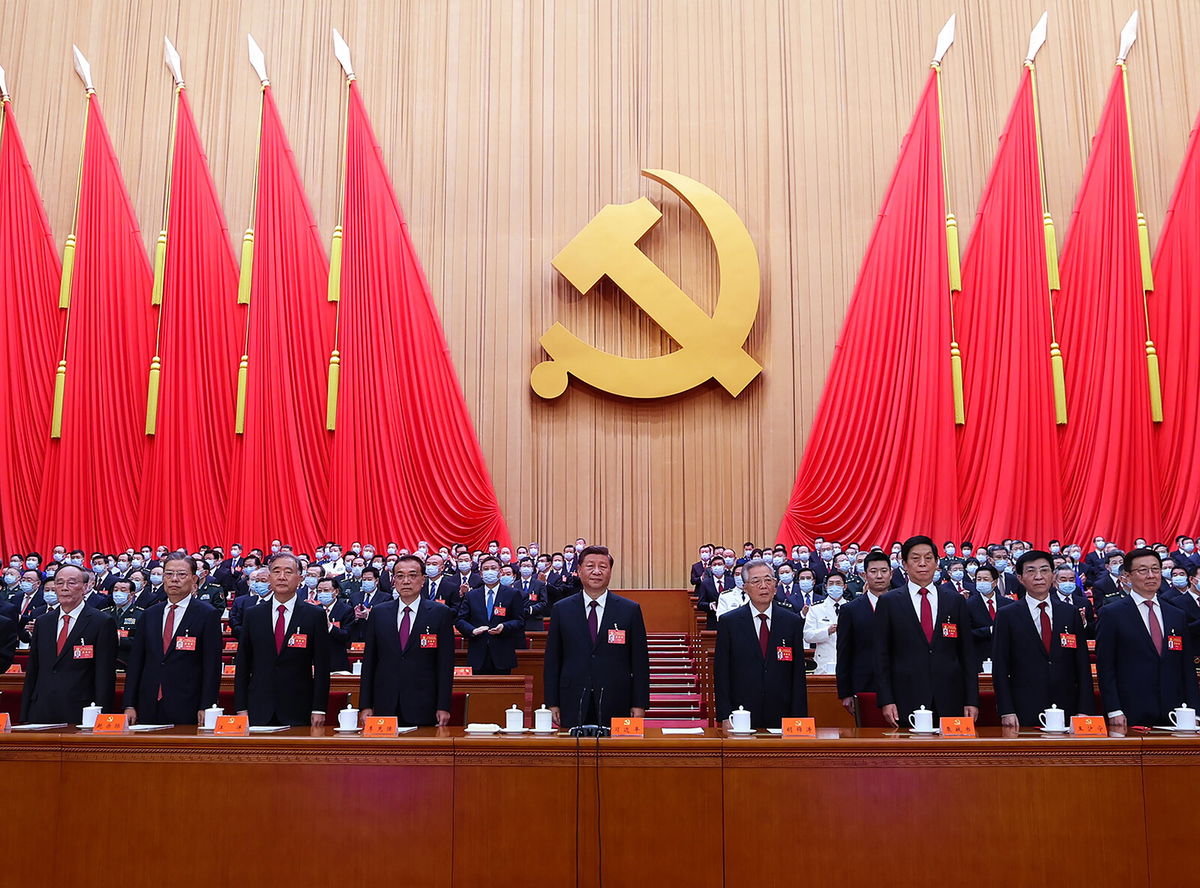 <i>Ju Peng/Xinhua via Getty Images</i><br/>Xi Jinping and China's top Communist Party leaders attend the closing session of the 20th National Congress of the Communist Party in Beijing on October 22.