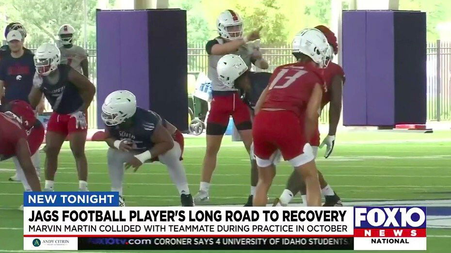 <i>WALA</i><br/>A University of South Alabama football player is learning to walk again after colliding with a teammate during practice in October.