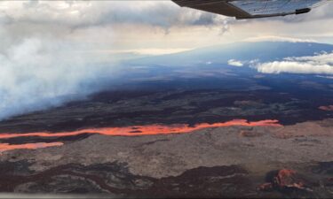 USGS posted two photos on Monday from a Civil Air Patrol flight which shows the Mauna Loa volcano erupting from vents on the Northeast Rift zone. Flows are moving downslope to the north.