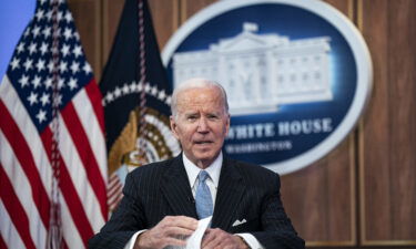 President Joe Biden speaks at a meeting with business and labor leaders in the Eisenhower Executive Office Building in Washington