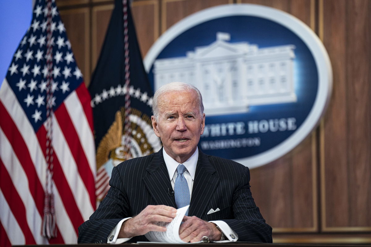 <i>Al Drago/Bloomberg/Getty Images</i><br/>President Joe Biden speaks at a meeting with business and labor leaders in the Eisenhower Executive Office Building in Washington