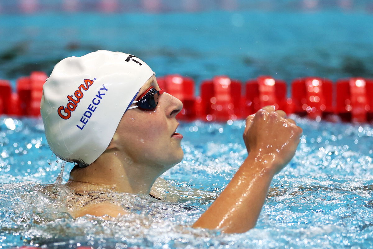 <i>Maddie Meyer/Getty Images</i><br/>Katie Ledecky of the United States reacts after setting a world record in the Women's 800m Freestyle final on Day 3 of the FINA Swimming World Cup 2022 Leg 3 at Indiana University Natatorium on November 5