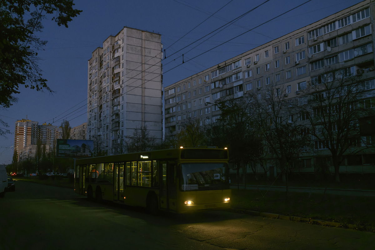 <i>Maxym Marusenko/NurPhoto/Reuters</i><br/>Unilluminated street and residential blocks during a blackout after a Russian missile attack on Ukrainian power infrastructure in Kyiv