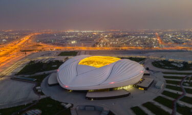 An aerial view of Al Janoub stadium at sunrise on June 21 in Al Wakrah