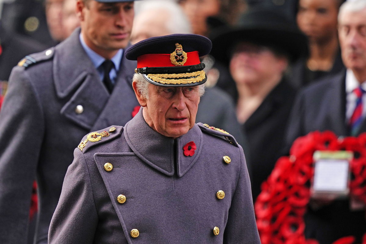 <i>Aaron Chown/PA Images/Getty Images</i><br/>King Charles during the Remembrance Sunday service at The Cenotaph in London..