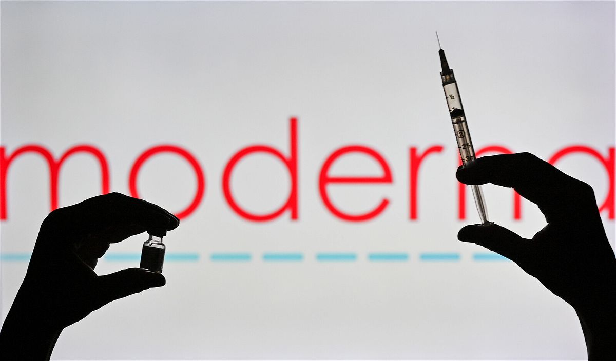 <i>Artur Widak/NurPhoto/Getty Images/FILE</i><br/>Moderna says its updated booster generated 'significantly higher' neutralizing antibodies against BA.4/BA.5 subvariants. Displayed is the Moderna logo on January 12
