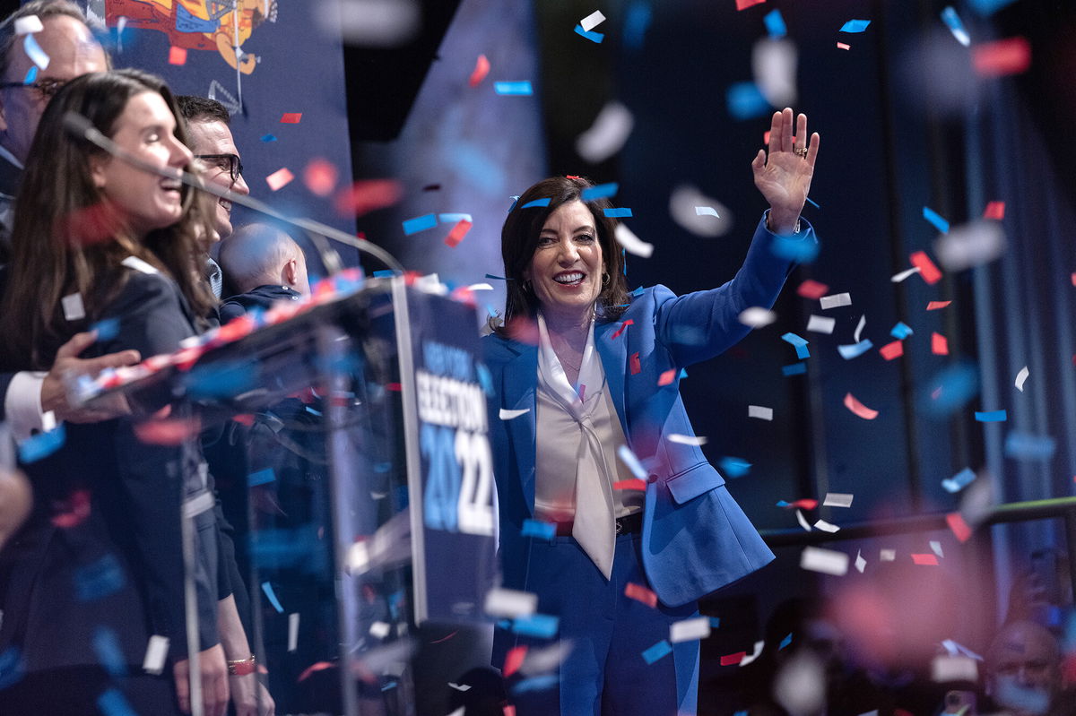 <i>Lev Radin/Anadolu Agency/Getty Images</i><br/>Gov. Kathy Hochul celebrates her successful election to the full term at an election night watch party in New York City on November 9.